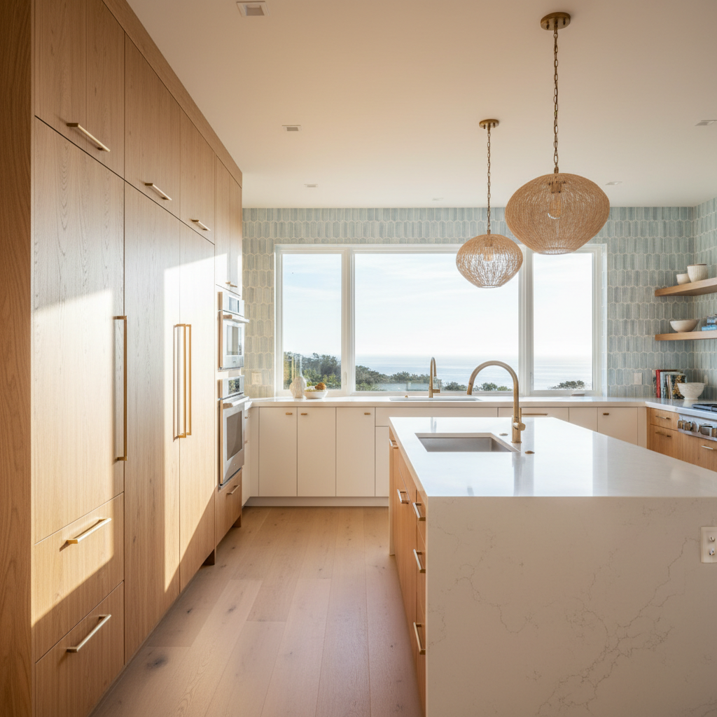 Upscale kitchen interior with integrated refrigerator and wall oven