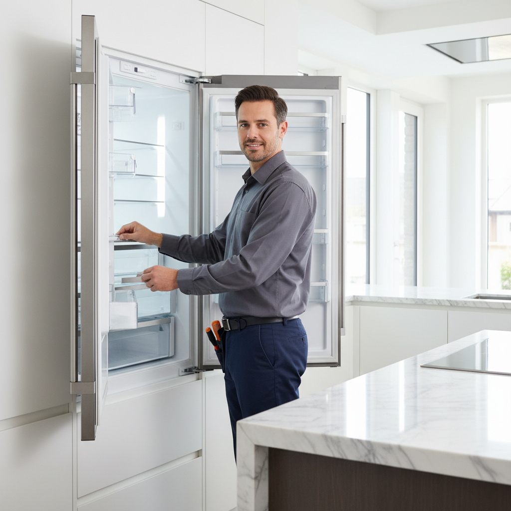 Professional appliance repair technician inspecting a built-in refrigerator